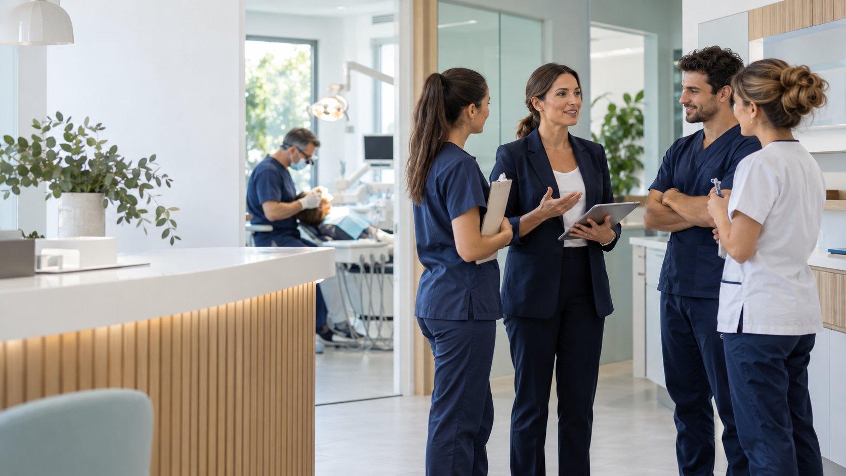 Coordinadora de clínica dental organizando el trabajo del equipo