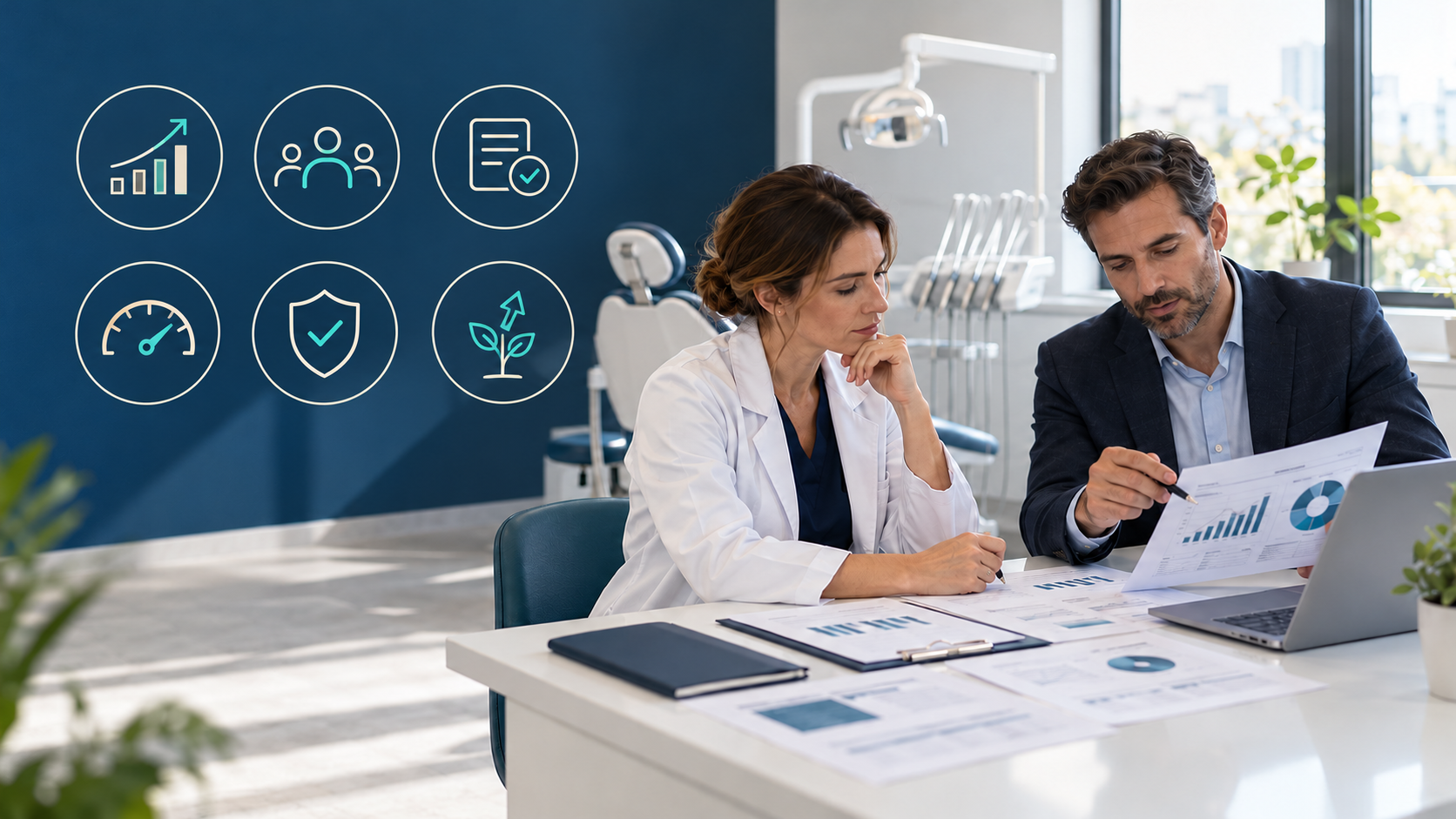 Profesional de clínica dental y asesor revisando juntos informes con gráficos de resultados