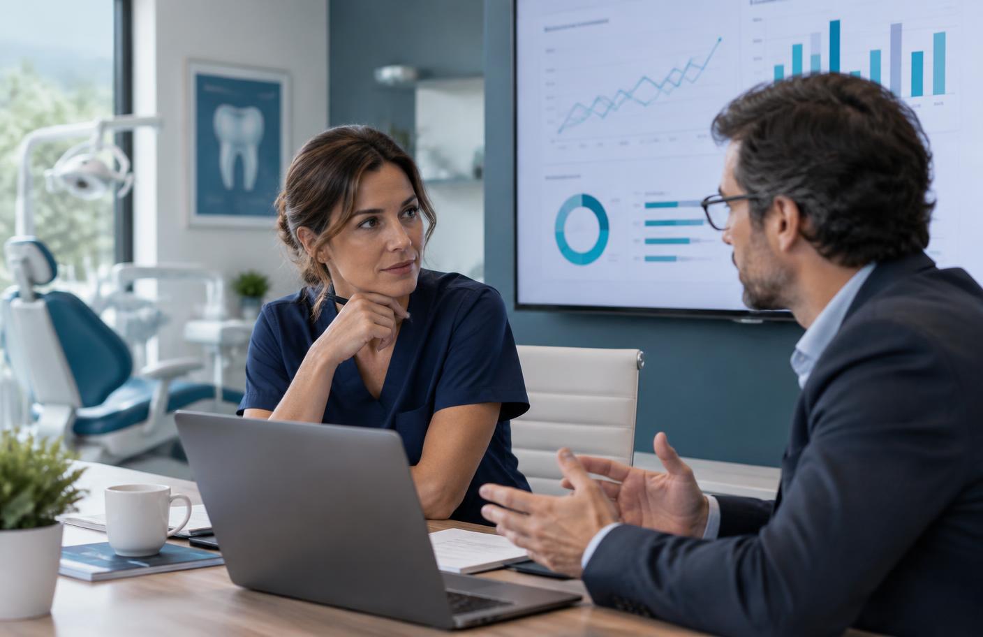 Directora de clínica conversa con un consultor sobre sus datos